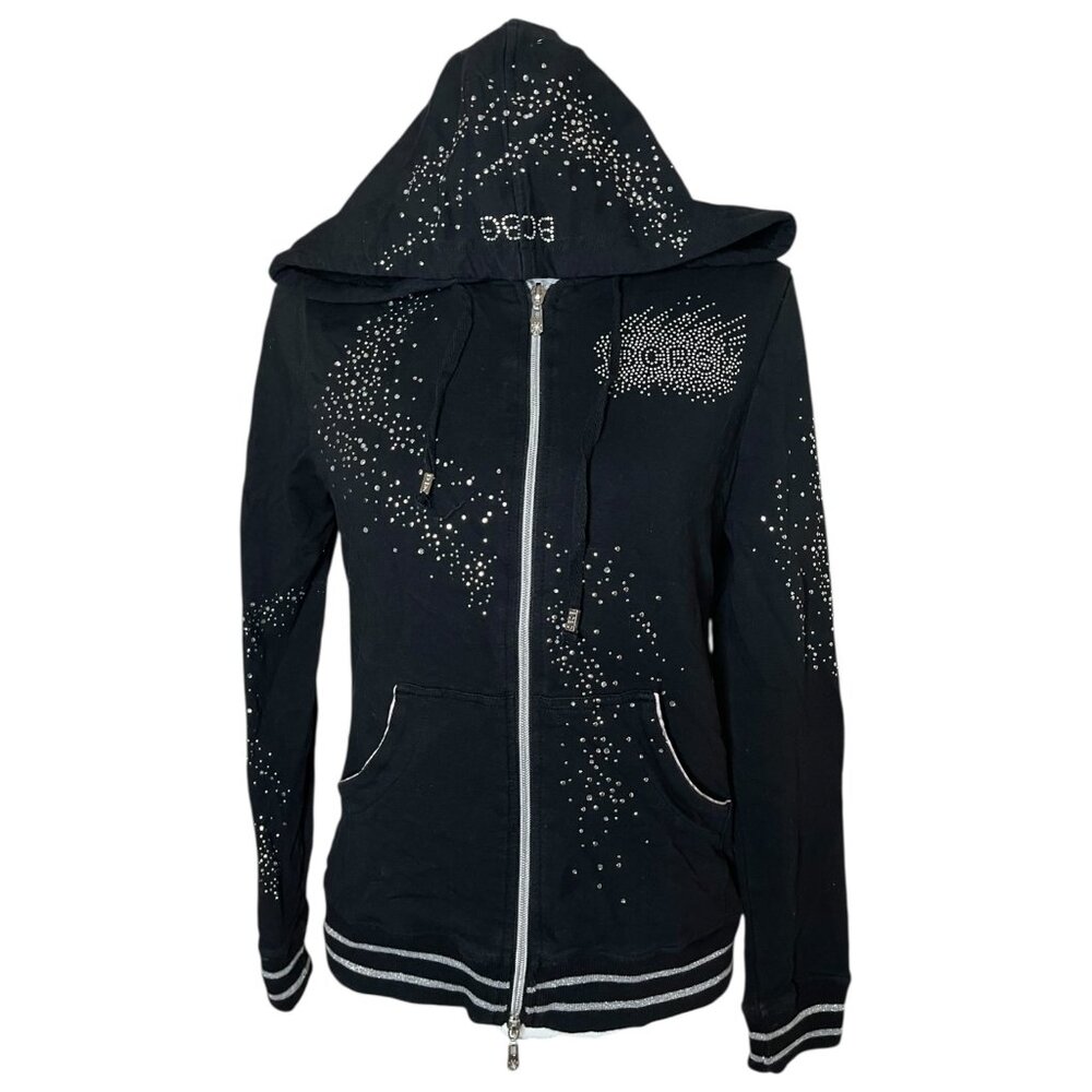 Vintage Y2K BCBG MAXAZRIA Large Black Rhinestone Zip Hoodie Jacket Streetwear